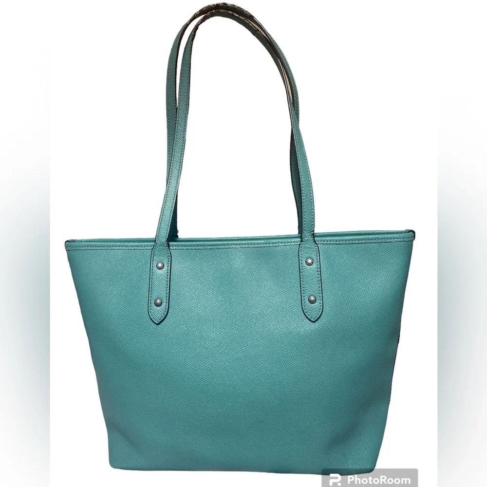 CITY TOTE WITH ZIPPER (COACH F57522) BLUE GREEN/BLACK ANTIQUE NICKEL